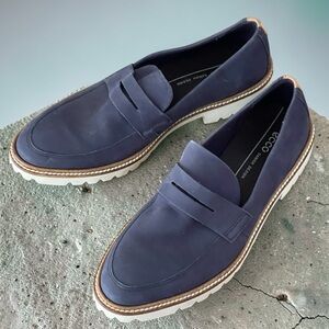 Ecco Navy Blue Suede Modern Tailored Penny Loafers Sz 37 | 6/6.5 White Soles